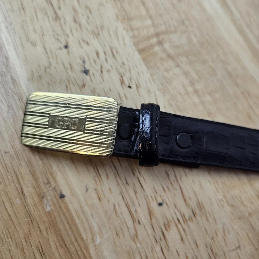 Paul Fredrick Embossed Italian Calfskin Leather Belt‎ Black Size 40 Gold 